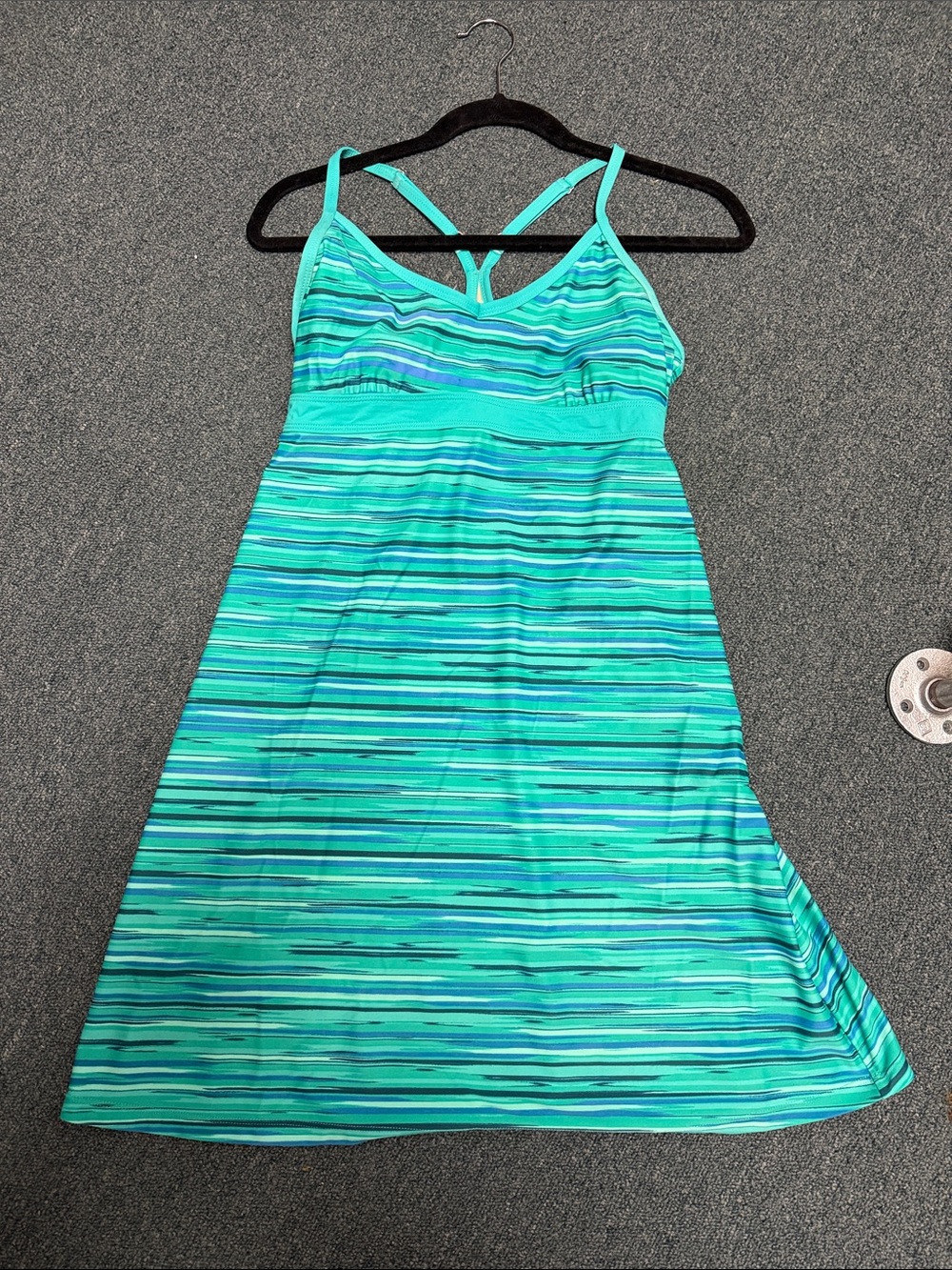 Athleta Aqua & Teal Striped Swim Top with Pink Trim